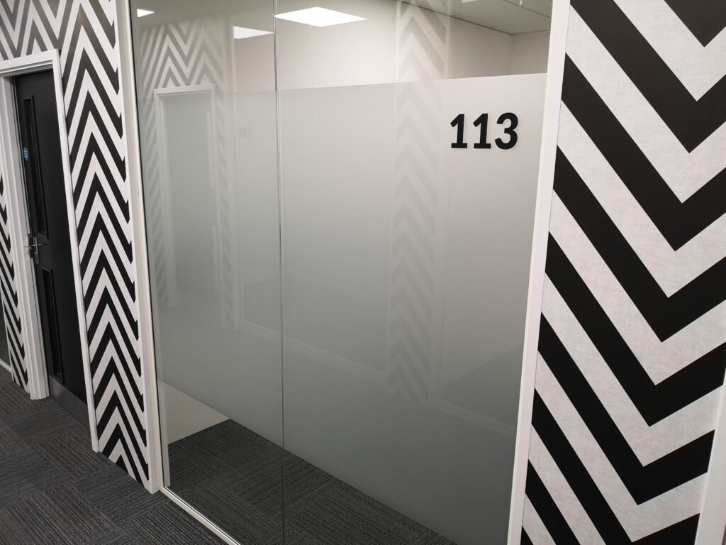 glass manifestation frosted band with cut black vinyl number numerous offices.